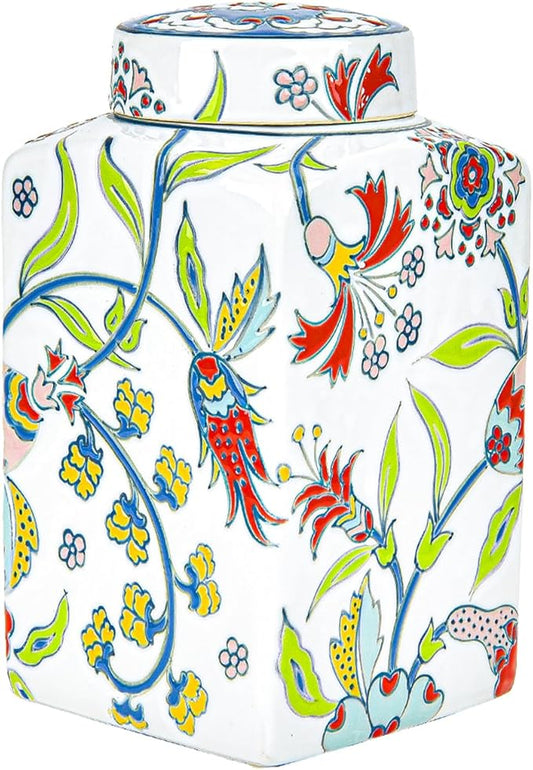 Sungmor Decorative Ceramic Ginger Jar with Lid, Square Ceramic Storage Jar Tea Canister, 8.2" Hand Painted Floral Pattern Porcelain Vase for Table Centerpiece, White Glazed Ginger Jar for Home Decor