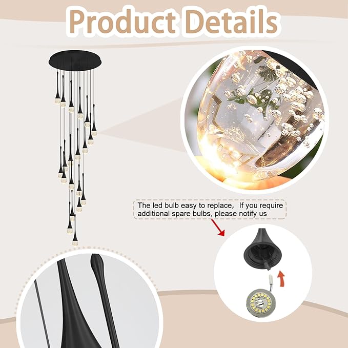 138'' Modern Chandelier,20-Lights Black Modern Pendant Light Fixture Staircase Large Chandelier Lobby Living Room Bedroom Foyer High Ceiling Chandelier