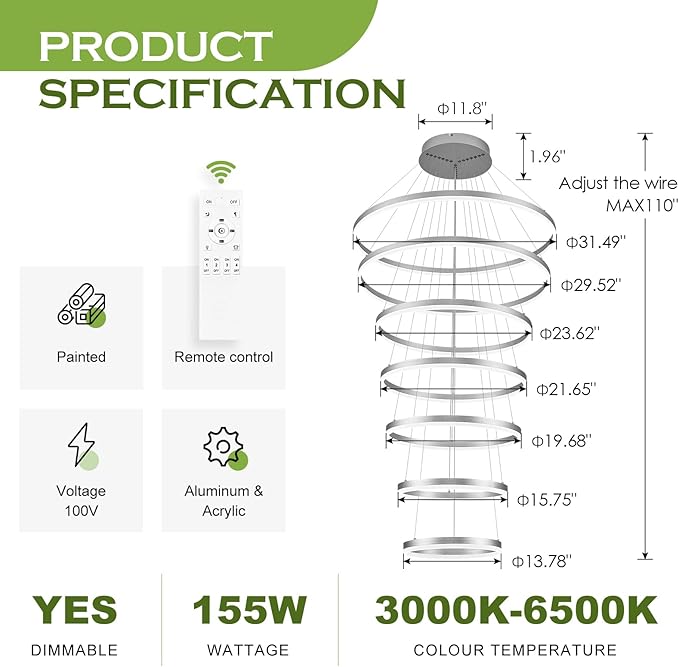 7 Rings Modern LED Chandelier Silver Dimmable Large Foyer Chandeliers Entryway High Ceiling for Staircase, High Ceiling Pendant Lights for Entryway Living Room, 3000K-6500K CCT