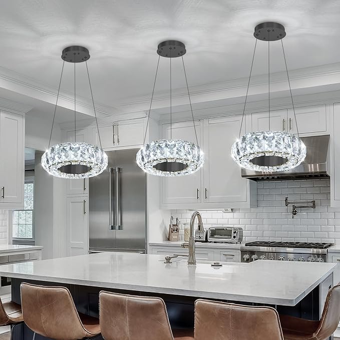 8" Ring Modern LED Dimmable Crystal Chandelier Adjustable Height Pendant Light Round Crystal Chandelier Light Fixtures for Dining Room Living Room Kitchen Island Black