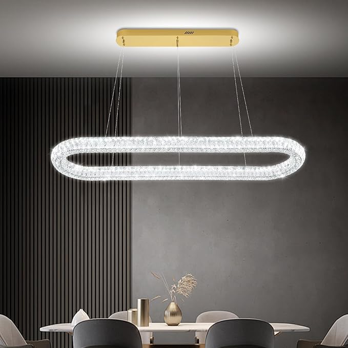 Oval Crystal Chandelier, 55'' Gold Crystal Ring Pendant Light for Kitchen Island Modern Linear Oval Chandeliers for Dining Room Dimmable 3000K-6000K