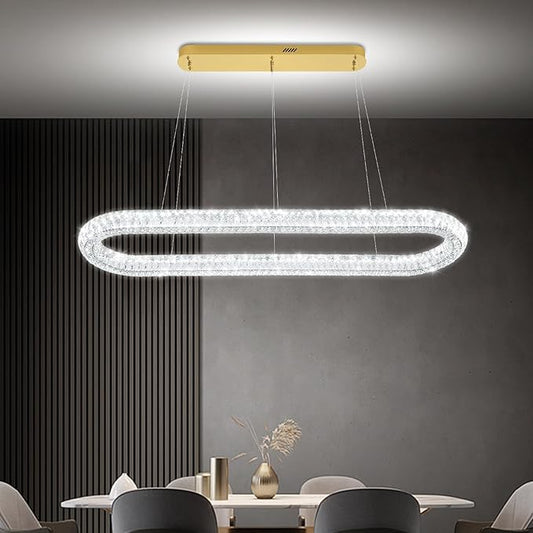 Oval Crystal Chandelier, 55'' Gold Crystal Ring Pendant Light for Kitchen Island Modern Linear Oval Chandeliers for Dining Room Dimmable 3000K-6000K