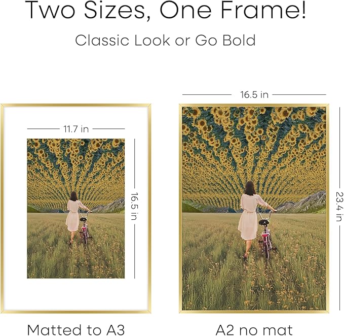Homeoforia A2 Picture Frame Gold, High End Metal 16.5 x 23.5 inches Poster Frames with Mat 11.7 x 16.5 for Photo, A2 Size Frame Matted to A3 Print, 16.5 by 23.4 Hanging Frame, Tempered Glass, Set of 3