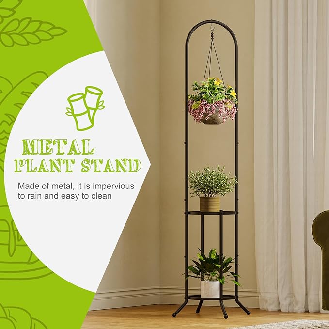 Plant Stand with Hooks Indoor Outdoor Corner Tall Plant Stand Heavy-Duty Metal 3-Tier Plant Shelf Holder Rack for Patio Garden Balcony Living Room Bedroom(circular Black)