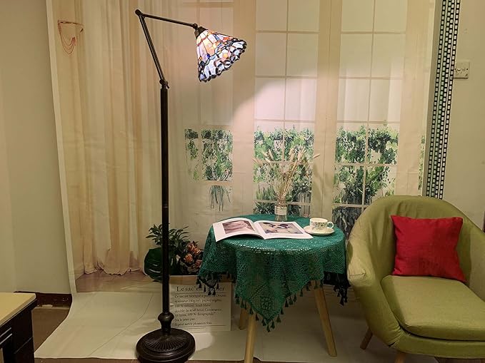 Bieye L10685 Baroque Tiffany Style Stained Glass Swing Arm Floor Lamp, 75 inch Tall, Blue