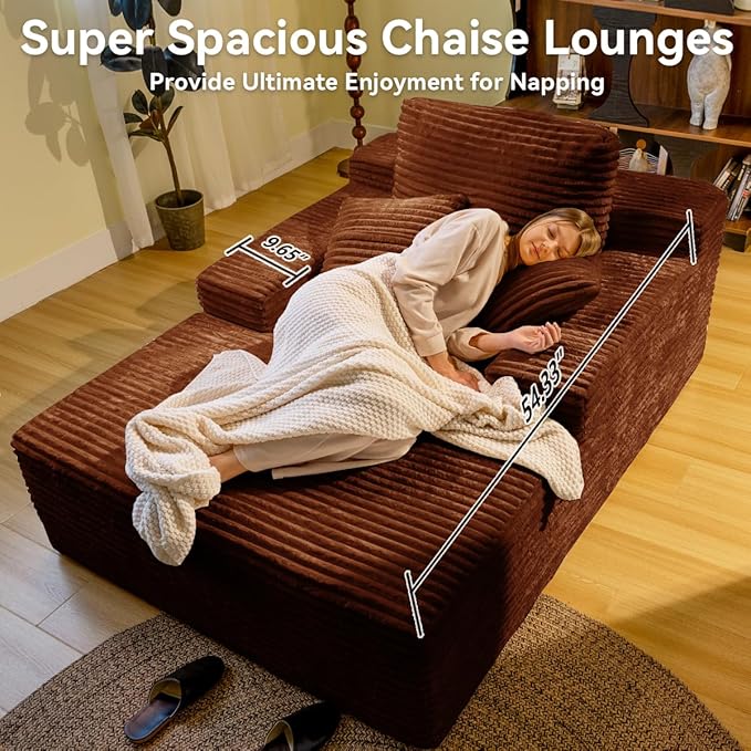 67" Oversized Chaise Lounge Chair Indoor, Cloud Couches for Living Room, Corduroy Sleeper Sofa Bed, No Assembly Required, Deep Seat Lounge Chair with Pillows Orange-Brown