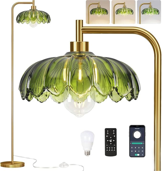 Glass Floor Lamp for Living Room,Bedroom,Gold Mid Century Modern Standing Lamp with Remote Dimmable,Boho Brass Tall Lamp Vintage Retro Green Arc Floor Lamps Flower Floor Light Bohemian