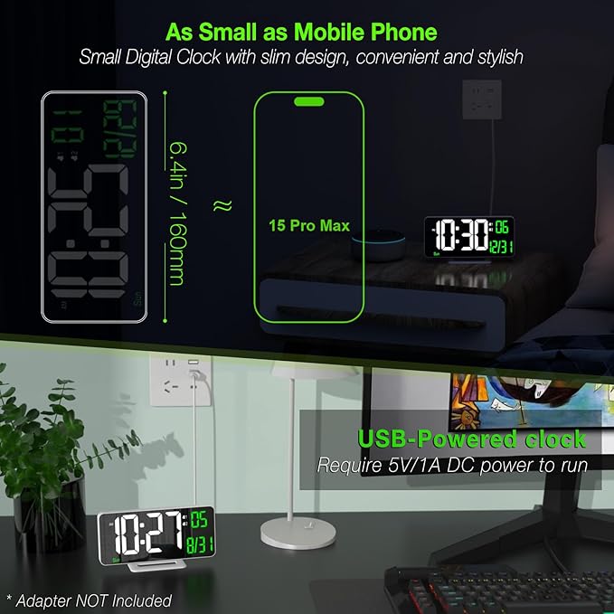 KOSUMOSU Alarm Clock for Bedroom, 6.7" Led Desk Digital Clock,Mirror Clock,Dual Alarm Clock for Living Room with Seconds,Date,Week,12/24h,Dimming,Temp