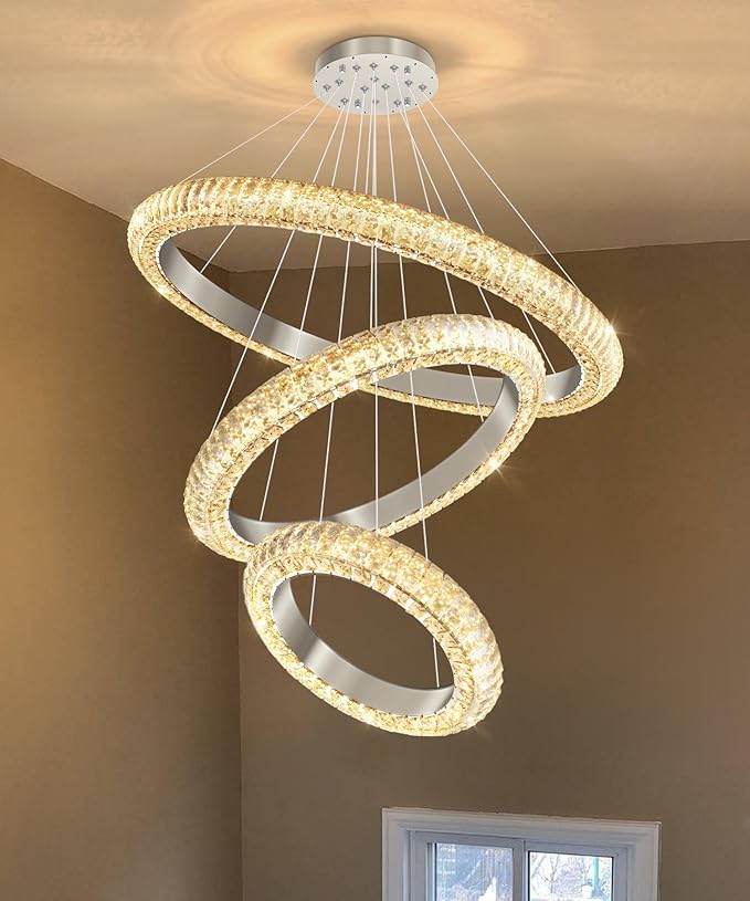 31.5" 3 Ring Crystal Chandelier Modern LED Dimmable Ring Pendant Light Round Chandelier for Dining Room Living Room Silver