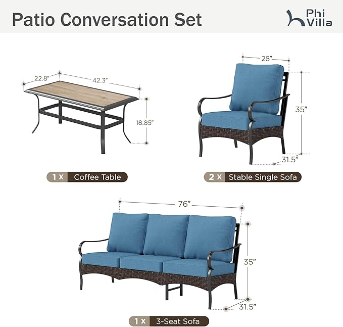 PHI VILLA Outdoor Modern Patio Furniture Set, Upgraded Wicker&Metal Patio Furniture Conversation Set with Waterproof Thick Cushions for Porch, Poolside, Deck, and Yard (4 Pieces,Navy)