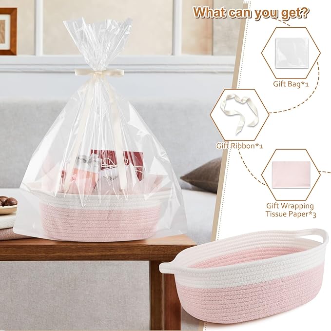 OIAHOMY Gift Basket Empty with Handle, 12"x 8"x 5" Small Woven Basket with Gift Bag, Ribbon and Wrap Tissue Paper, Dog Toy Storage for Organizing - Pink & White