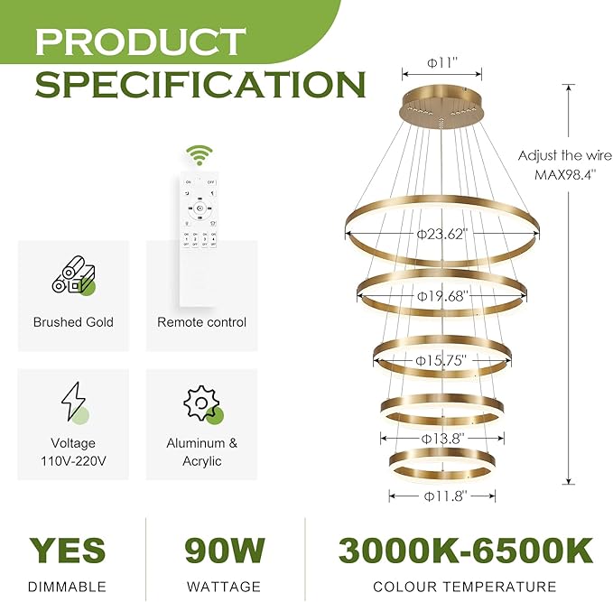 5-Rings Modern LED Chandelier Gold High Ceiling Chandelier with Remote Control Dimmable Pendant Lighting for Dining Room Foyer Living Room Entryway Staircase(3000K-6500K, D23.6’’)