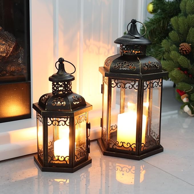DECORKEY Large Lantern Decorative Outdoor & Indoor, Set of 2 (15’’&11’’) Metal Candle Lanterns Decor, Vintage Hanging Candle Holder for Front Porch Patio Wedding Farmhouse Home, Spring Decoration