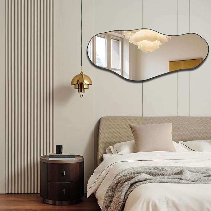 Large Irregular Mirror, 47.2"x21.4" Asymmetrical Oblong Mirror, Cloud Shaped Mirrors, Modern Waved Decorative Mirrors for Living Room Bathroom Bedroom Entryway Fireplace
