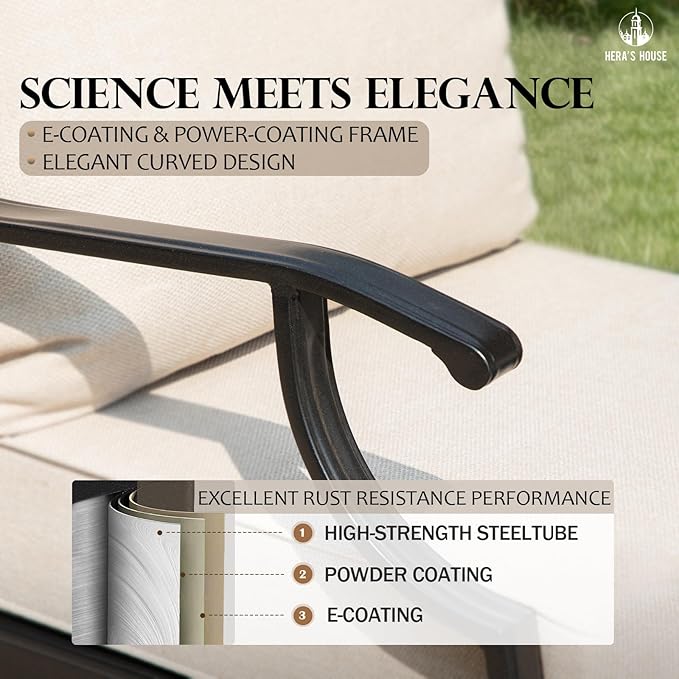 HERA'S HOUSE 4 Piece Patio Furniture Set, 2 x Metal Frame Cushioned Chair, 3-Seat Sofa with Marbling Coffee Table, All Weahter Outdoor Conversation Set for Lawn Garden Backyard