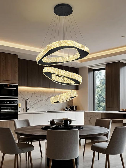 Modern Black Chandelier Adjustable 3 Rings Crystal Chandelier for Living Room Foyer Stairwell Lighting High Ceiling Light Dimmable 2700K-6000K