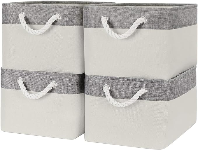 Organization and Storage Bins for Shelves - Large 4 Pack 16x12x8 inch Collapsible Storage Basket for Organizing, Fabric Storage Cubes for Box Closet Cloth Toy Nursery Books Kids (Grey & White)