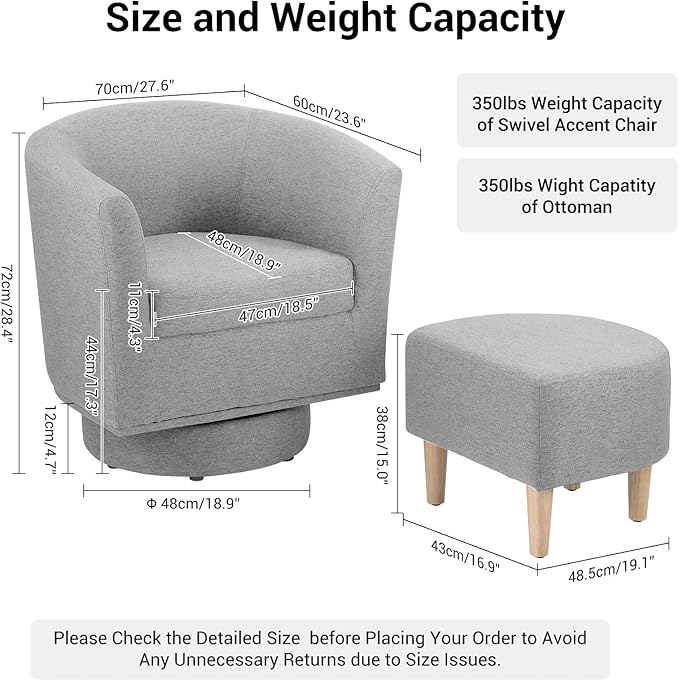 DAZONE Swivel Accent Chair, Modern Barrel Chair with Ottoman, Comfortable Living Room Chairs Upholstered Armchairs 360 Degree Swivel Round Club Tub Armchair for Bedroom Reading Room, Grey