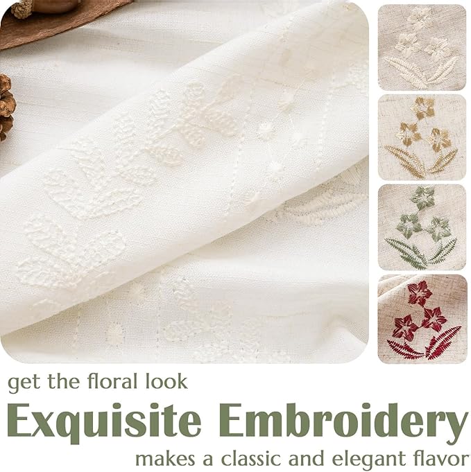 jinchan Belrose Linen Curtains for Bedroom Floral Curtains 96 Inch Length Linen Blend White Embroidered Drapes Farmhouse Flower Patterned Drapes for Living Room Window Treatments Set 2 Panels