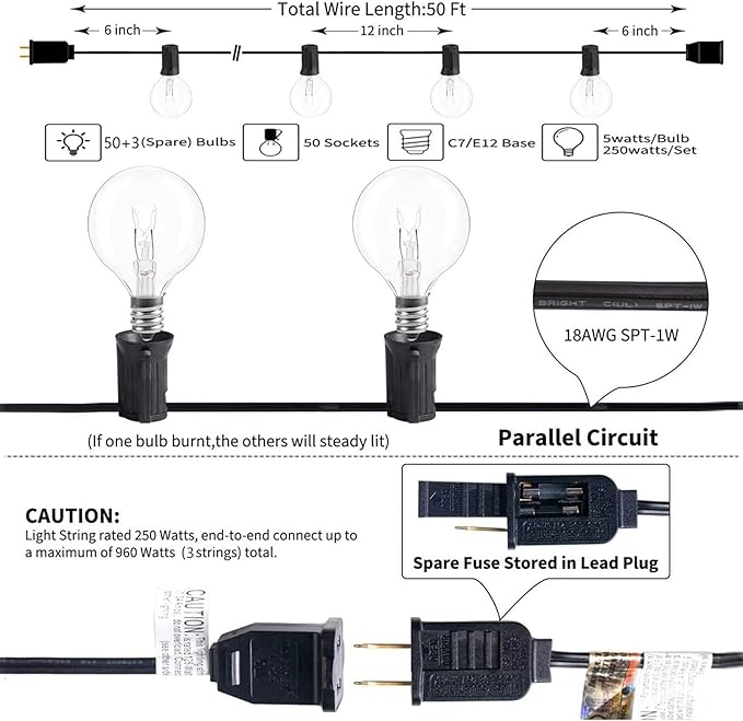 SUNSGNE 50ft Outdoor Globe String Lights G40 Patio String Lights with 53 Bulbs Connectable Commercial Hanging Lights for Christmas Patio House Backyard Balcony Party Wedding Decor, Black