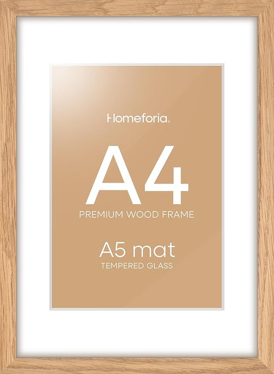 Homeforia A4 Picture Frame Wood, High-End Natural Oak 8.3 x 11.7 Wooden Poster Frames Matted to 5.8 by 8.3 inch Photo, A4 Size Light Wooden Frames with Mat A5 Print, Tempered Glass, Wall Kit, Set of 1