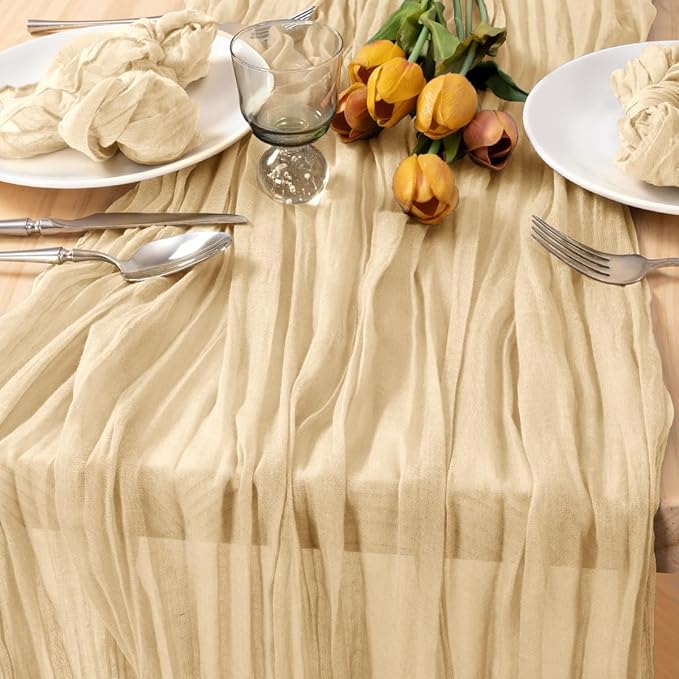 MLMC 8 Pack Champagne Table Runner 10ft Rustic Sand Cheesecloth Fall Table Runner Bulk 35x120 Inches Neutral Gauze Cheese Cloth Centerpiece for Outdoor Wedding Bridal Shower Gathering Party Decor
