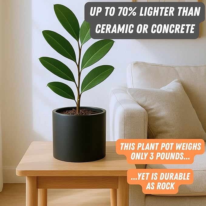 Fox & Fern 8 Inch Black Plant Pot with Drainage Plug — Premium Lightweight Fiberstone Matte Black Planter; 8 Inch Pots for Plants; for Indoor & Outdoor Use; Weather Resistant & UV Resistant