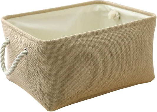 TheWarmHome Decorative Basket Rectangular Small Storage Basket Fabric Storage Bin Organizer Basket with Handles for Clothes Storage (Beige, 11.8L×7.9W×5.2H inch)