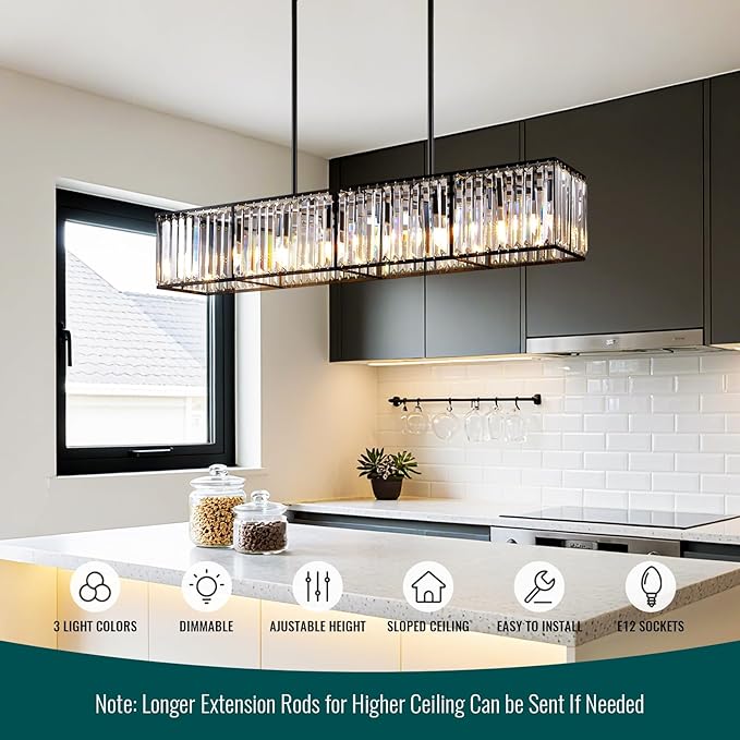 Siljoy Modern Crystal Chandelier for Dining Room, 7 Lights Black Large Rectangular Farmhouse Crystal Chandelier Industrial Linear Pendant Ceiling Light for Living Room Kitchen Island Bar L47''