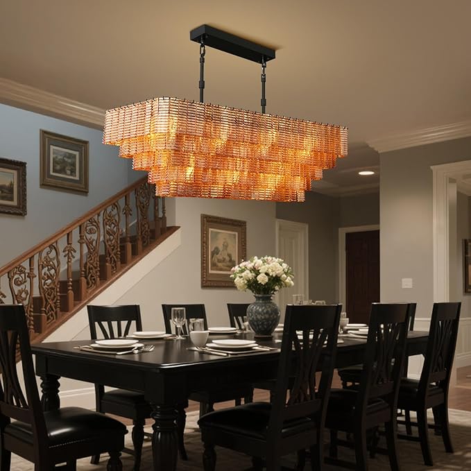 Rectangular Large Chandelier for Dining Room, 59" Black Pendant Light Fixture Over Kitchen Island, Linear Chandelier with Adjustable Height, Amber Glass Chandeliers for Dining Table & Living Room