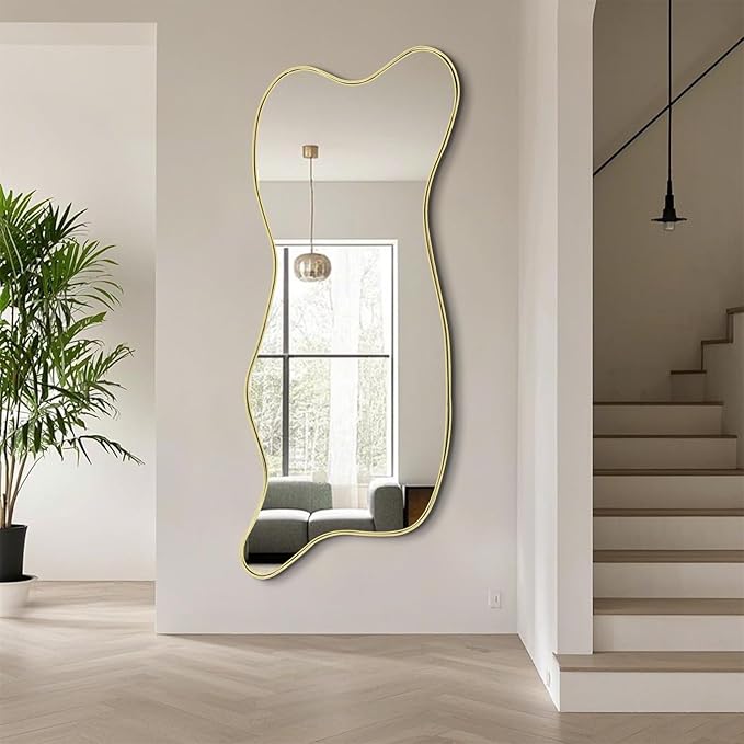 Large Gold Irregular Mirror, Asymmetrical Mirrors Full Length, 59.8"x23.6" Standing Floor for Dressing, Metal Frame Waved Shaped Mirror for Living Room Bathroom Bedroom Hallway Entryway