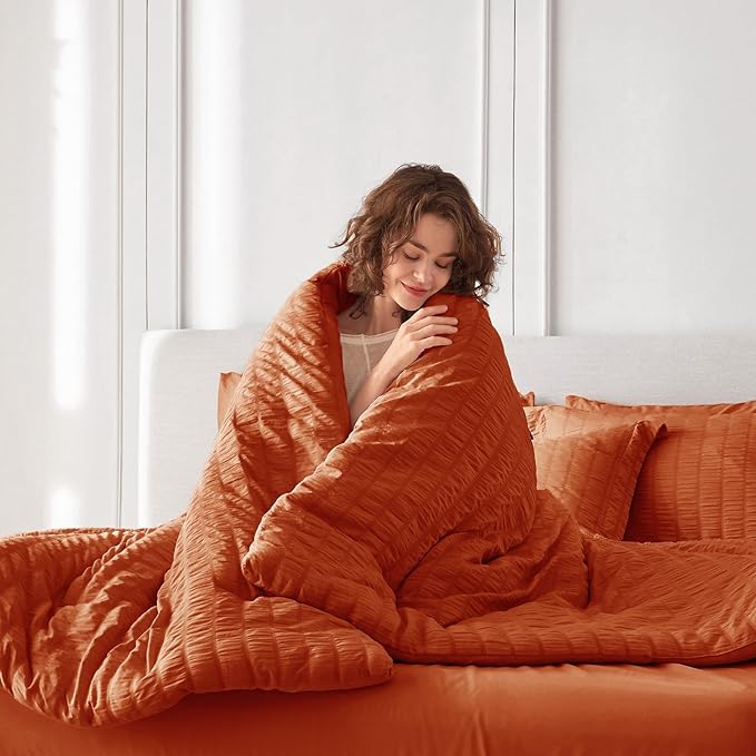 MUXHOMO 5 Pieces Twin Comforter Set, Seersucker Bed in a Bag Twin Size, All Season Luxury Bedding Set with Comforter, Flat Sheet, Fitted Sheet, Pillowcase & Sham, Burnt Orange