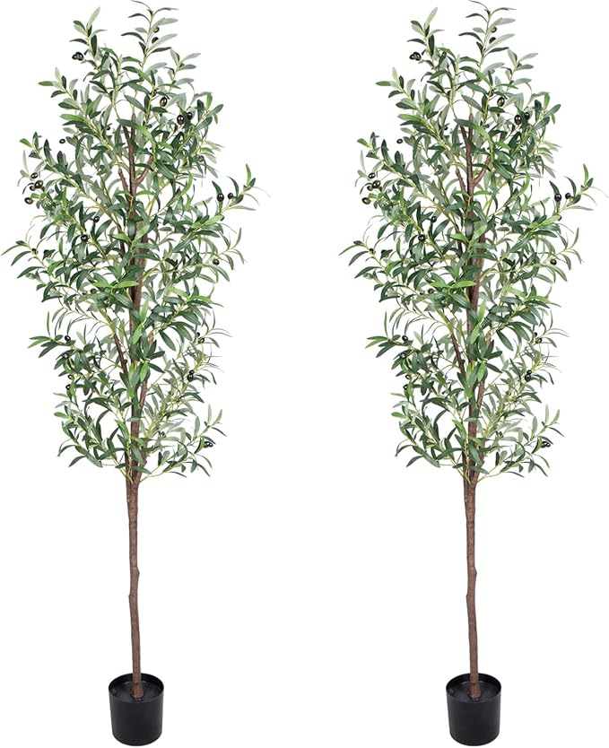 Artificial Olive Tree, 6FT Tall Faux Olive Trees 72in Outdoor Fake Potted Silk Plant with Trunk and Realistic 648 Leaves and 24 Fruits for Modern Office Home Decor Indoor 2Pack