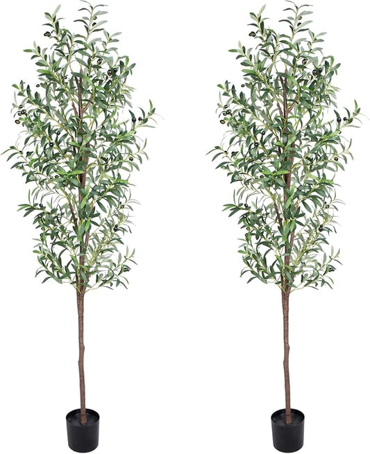 Artificial Olive Tree, 6FT Tall Faux Olive Trees 72in Outdoor Fake Potted Silk Plant with Trunk and Realistic 648 Leaves and 24 Fruits for Modern Office Home Decor Indoor 2Pack