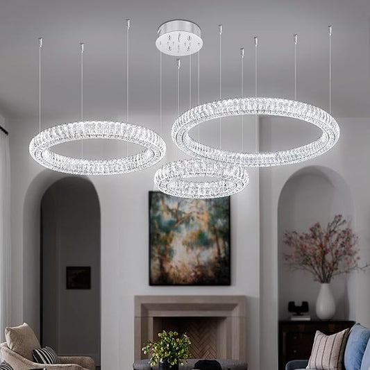 32"+24"+16" 3 Rings Crystal Chandeliers Lighting and Hanging Ring Adjustable, Stainless Steel Ceiling Light