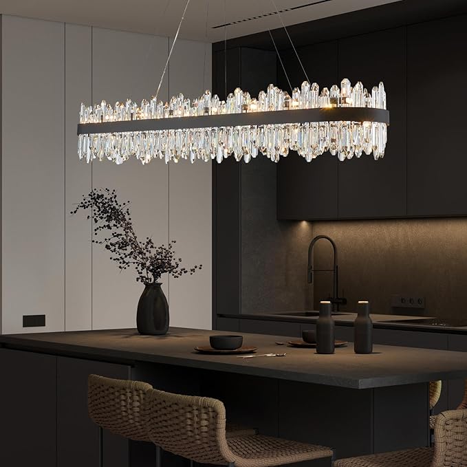 Modern Rectangular Crystal Chandelier, L57” Black Raindrop Chandelier Lighting Contemporary Pendant Ceiling Light Fixture for Dining Room Living Room Kitchen Island, G9 x 32 Lights