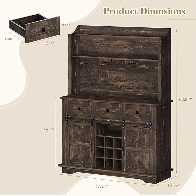 63 Inch Tall Coffee Bar Cabinet with 3-Tier Storage, Kitchen Hutch with 3 Drawers, Farmhouse Coffee Bar with 9 Racks & 3 Glass Holders, Wine Bar Cabinet for Living Dining Room, Oak
