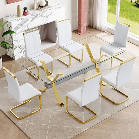 7 Piece Glass Dining Table Set, Kitchen Table Chairs Set for 6, 71'' Dining Table with 0.4" Tempered Glass Tabletop with Plated Metal Legs and MDF Crossbar, 6 PU Chairs for Dining Room, Kitchen.