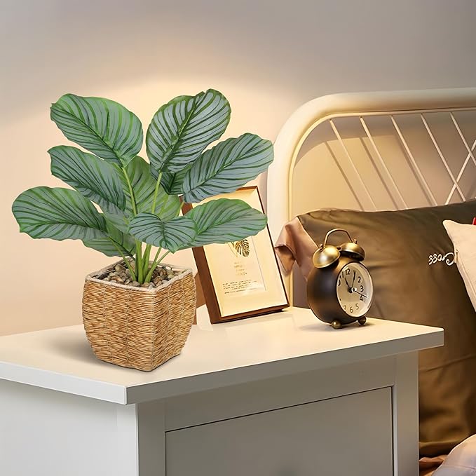 Briful Fake Plants Potted Calathea orbifolia Artificial Plants Indoor Realistic Greenery Faux Plants in Square Plastic Rattan Baskets for Home Decor Farmhouse Office Weddings