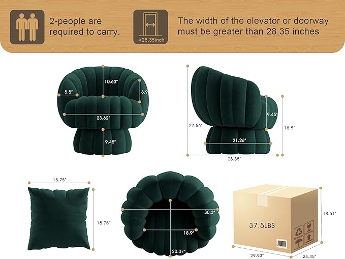 Mid Century Modern 360 Degree Barrel Swivel Accent Sofa Chair,Fluffy Velvet Fabric Lounge Wide Upholstered Pumpkin Reading Chair, Round Cloud Armchair for Living Room,Bedroom,Vanity(Green)