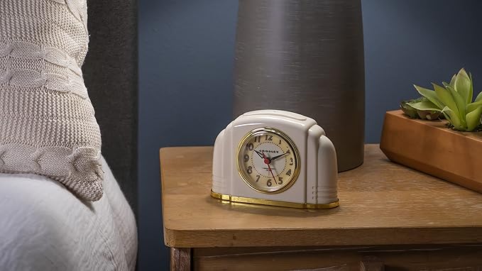 Crosley Vintage Art Deco Analog Alarm Clock, Quiet Sweep Non-Ticking, Automatic Dimmable Smart Light, Simple Controls, (Ivory)*