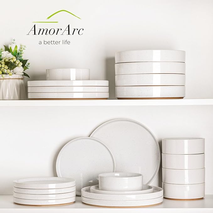 AmorArc Ceramic Dinnerware Set for 6 | Speckled Stoneware Plates and Bowls with Rustic Terracotta Underside| Scratch Resistant,Dishwasher & Microwave Safe Dishes Sets- 18pcs White