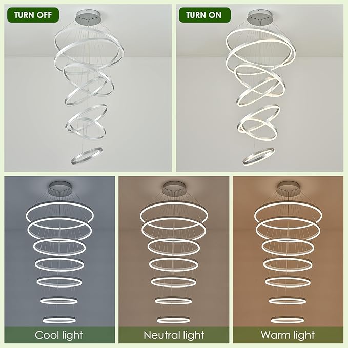 7 Rings Modern LED Chandelier Silver Dimmable Large Foyer Chandeliers Entryway High Ceiling for Staircase, High Ceiling Pendant Lights for Entryway Living Room, 3000K-6500K CCT