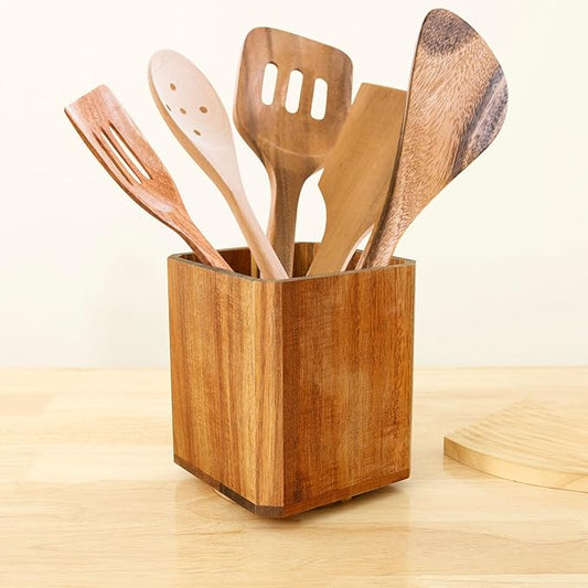 1Pc Wood Utensil Holder 360° Rotating Acacia Utensil Crock Multipurpose Cooking Spoon Spatula Organizer Kitchen Tool Storage for Countertop