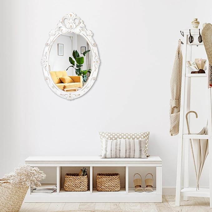 White Oval Wood Mirror for Wall Vintage Framed Hanging Bedroom Wall Mirror Rustic Bathroom Mirrors Wall Mirrors Decorative for Home Vanity Living Room Entryway 24"x16"