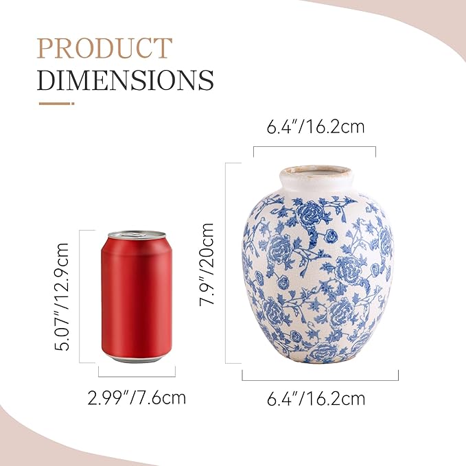 Ceramic Flower Vase, Blue and White Vintage Decorative Vase Chinoiserie Decor Rustic Farmhouse Retro Floral Vases for Table Bookshelf Mantel Kitchen Living Room Office - 7.8inch