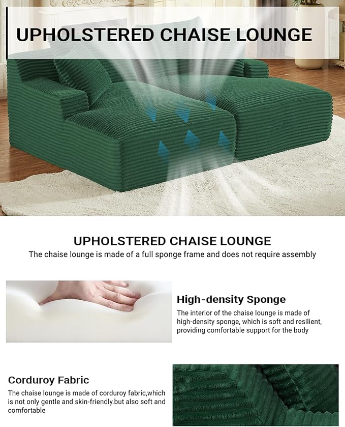 Oversized Double Chaise Lounge, Corduroy Boneless Couch, Modern Oversized Chaise Lounge, Upholstered Sleeper Sectional Sofa Daybed with Throw Pillows and Armrest for Living Room, Green