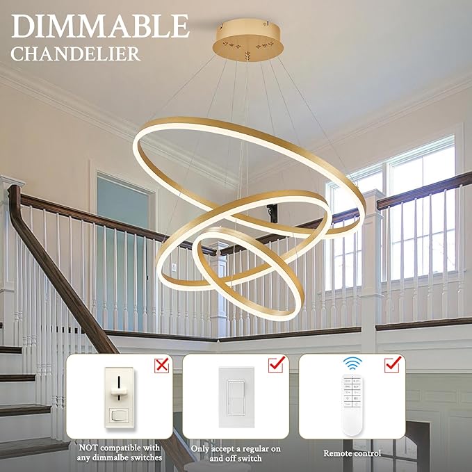 3-Rings Modern LED Chandelier Gold, Dimmable Pendant Lighting with Remote Control Circular Flush Mount High Ceiling Light for Living Room Dining Room Foyer, 3000K-6500K D31.5’’