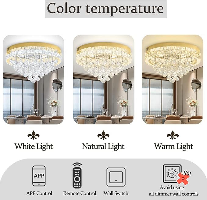 24" Modern Crystal Chandeliers for Dining Room Gold Ceiling Chandelier Flush Mount Crystal Ceiling Light for Bedroom Living Room Hallway