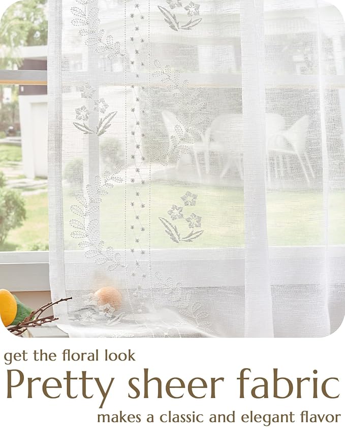 jinchan Belrose Linen Sheer Curtains for Living Room 96 Inch Length Sheer Voile Embroidered Floral Curtains for Bedroom Light Filtering Rod Pocket Window Treatments Farmhouse Decor 2 Panels White